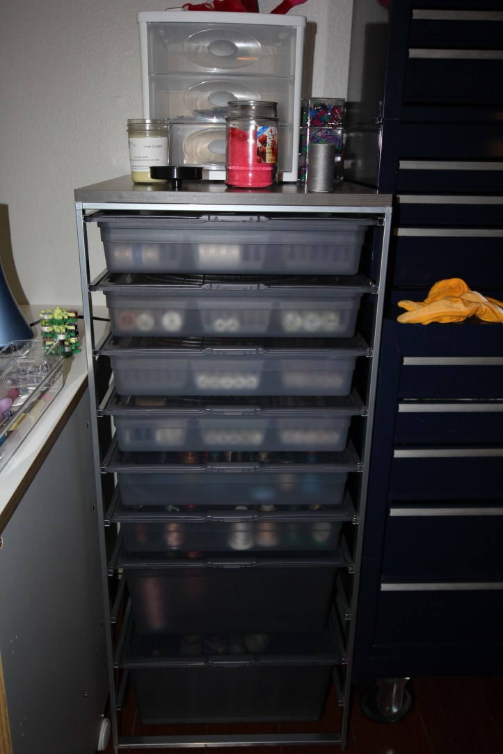 Elfa Smoke Solid Drawers are perfect for storing thread.